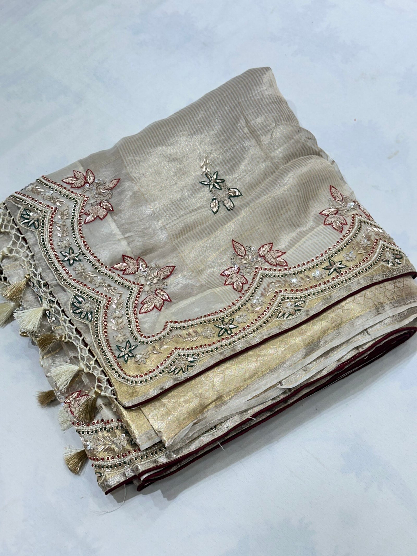 Antique Ivory – Ruby Emerald Embellished Saree - Image 5