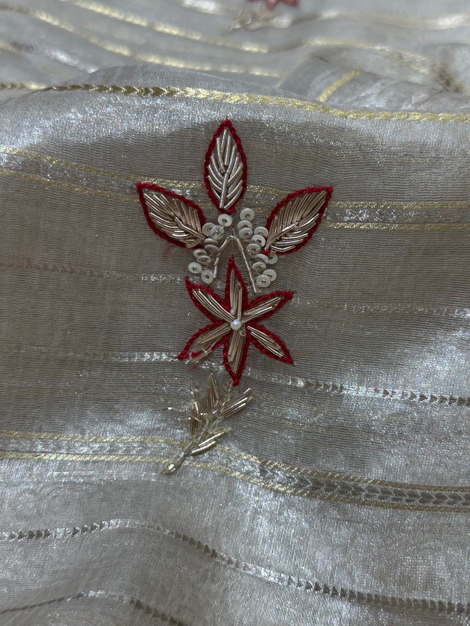 Antique Ivory – Ruby Emerald Embellished Saree - Image 3