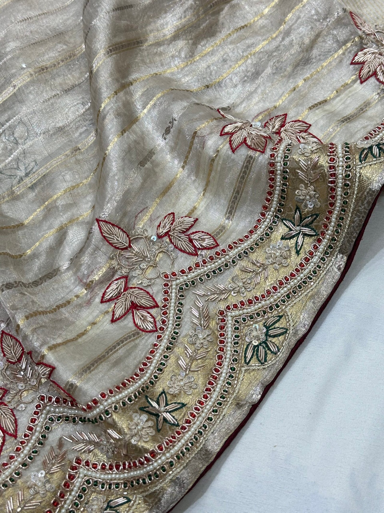 Antique Ivory – Ruby Emerald Embellished Saree